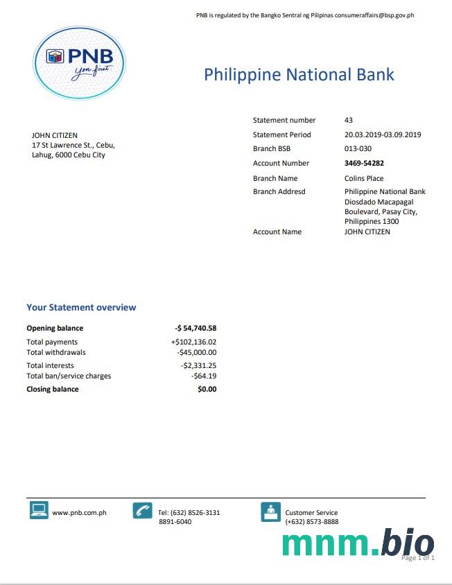 Narodowy Bank Filipin (PNB) szablon w formacie excel pdf